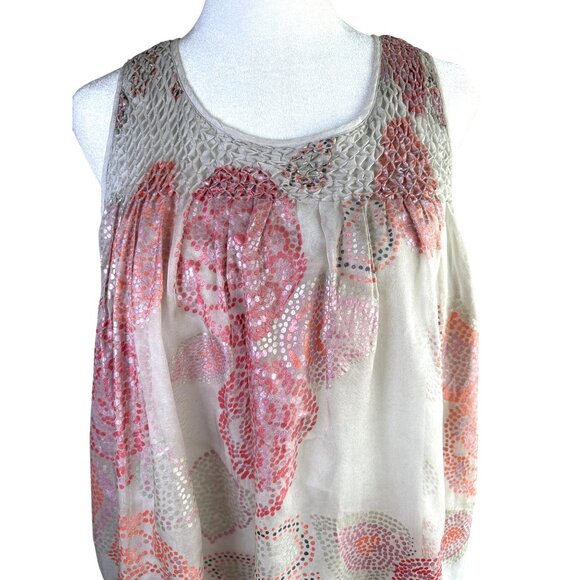 Catherine MaLendrino Size 8 Silk Dress Lined Smocked Shift Flow Boho Gray Coral - Picture 2 of 9